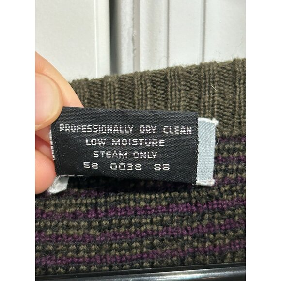 Chevron Patterned Olive Purple V-Neck Sweater Sz XL Made In Uruguay Merino Wool - Picture 7 of 9